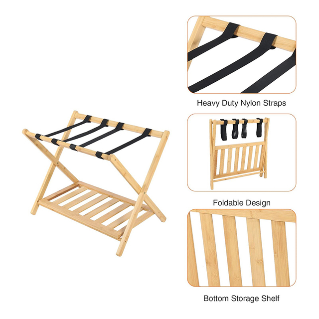 Rack de bagagem de bambu natural dobrável para hóspedes