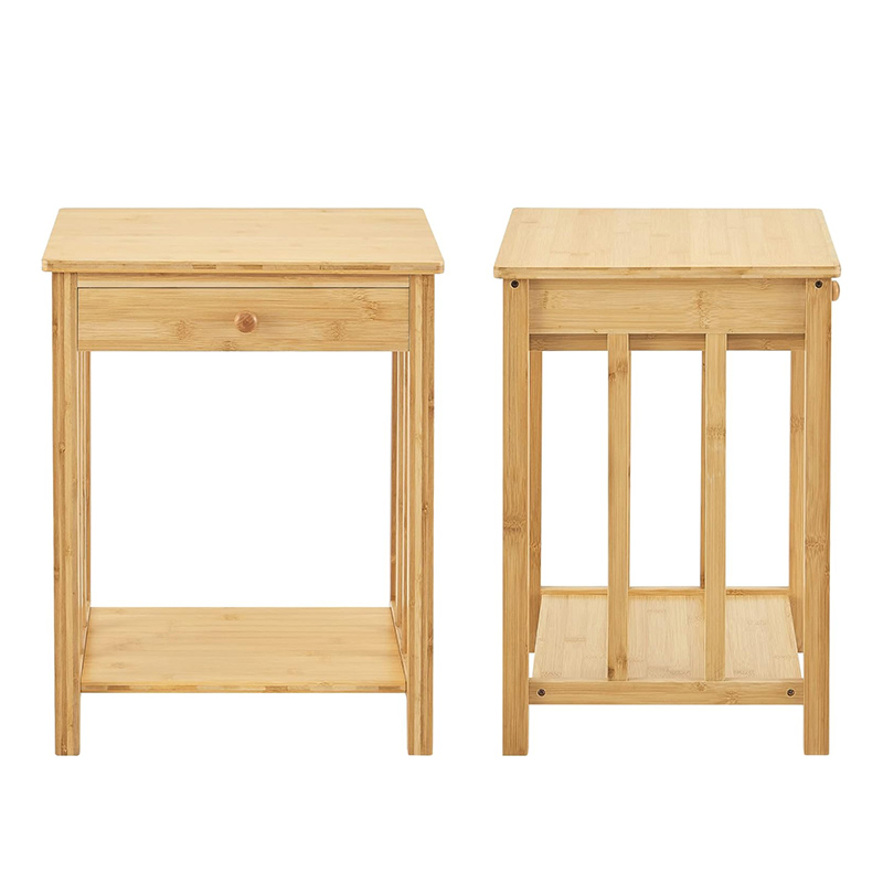 Mesa de cabeceira de madeira de bambu com gaveta de armazenamento e alça