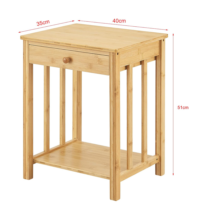 Mesa de cabeceira de madeira de bambu com gaveta de armazenamento e alça